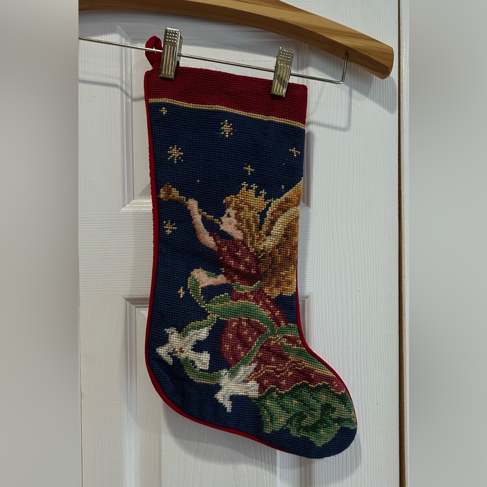 Vtg Imperial Elegance Angel Christmas Stocking Angle Playing Trumpet Needlepoint
